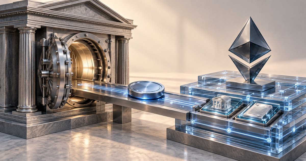 Editorial illustration: A silver coin rests on an illuminated bridge connecting an open bank vault to a glass network platform topped by the Ethereum symbol.