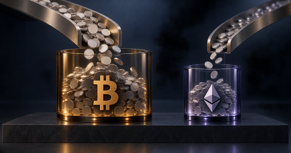 Editorial illustration: Coins fall from metal chutes into two glass containers on a dark plinth. The larger container bears a gold Bitcoin symbol; the smaller bears a purple Ethereum symbol.