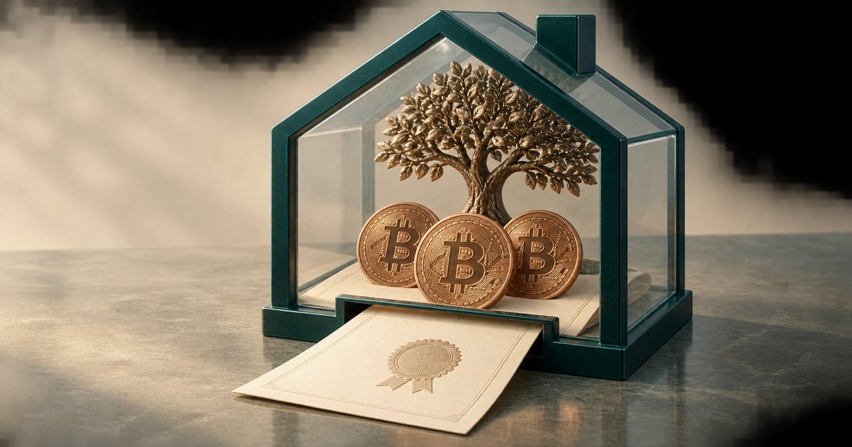Editorial illustration: Three gold Bitcoin coins and a golden tree inside a dark green framed glass house, with a cream document bearing an embossed seal extending from its base.
