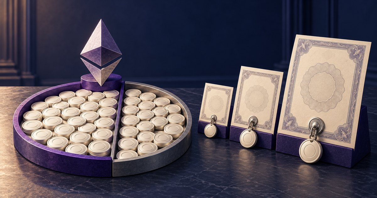 Editorial illustration: An Ethereum symbol stands above the purple majority section of a circular tray filled with coins. Three ornate blank certificates with attached coin medallions increase in size from left to right.
