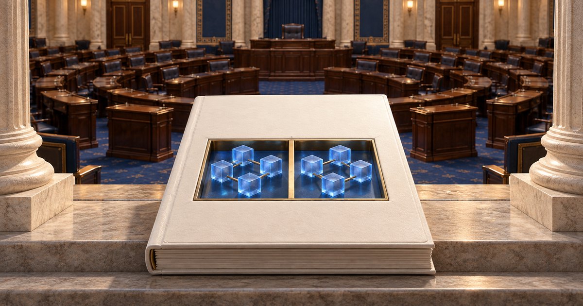 Editorial illustration: A large cream-colored book rests on marble steps before an empty legislative chamber. Its cover contains two groups of glowing blue cubes linked by gold lines, separated by a gold divider.