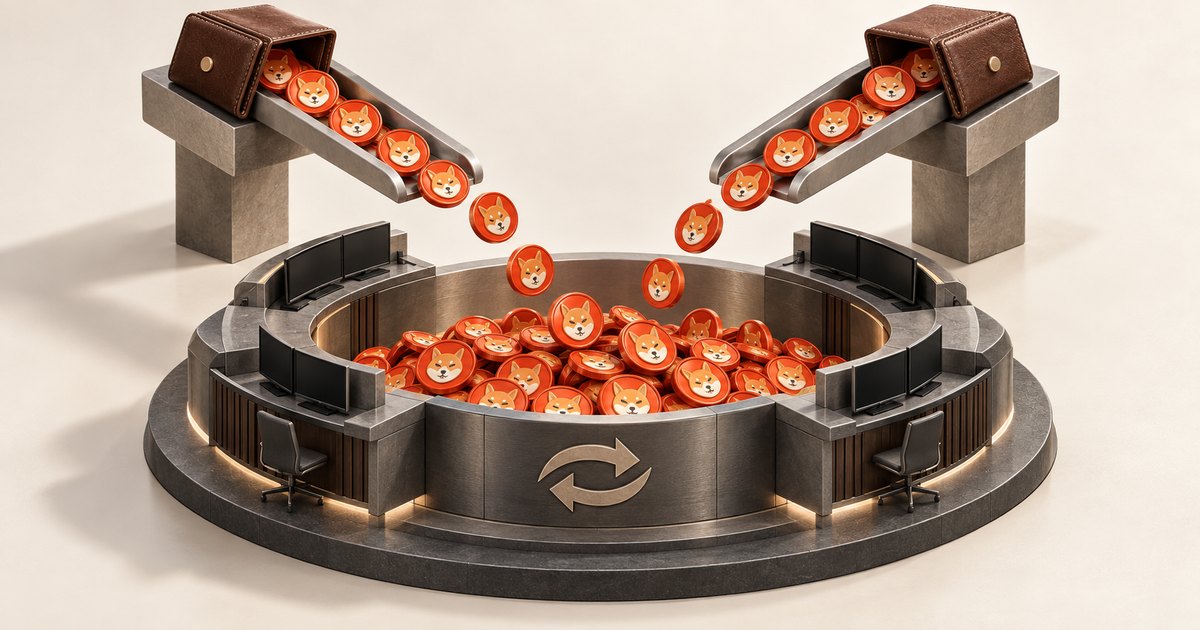 Editorial illustration: Orange Shiba Inu tokens spill from two brown wallets down metal chutes into a circular trading pit surrounded by dark monitors and empty chairs. Two curved exchange arrows decorate the front.