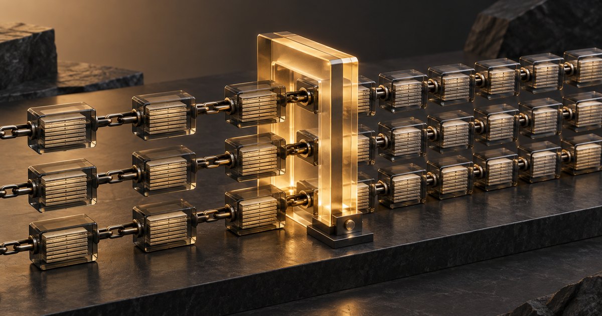 Editorial illustration: Three rows of linked, transparent blocks containing metallic stacks pass through a glowing golden gateway, becoming more closely spaced on the right above a dark stone platform.