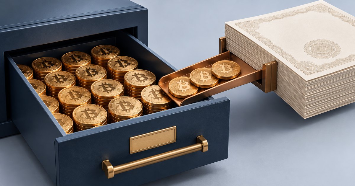 Editorial illustration: Gold Bitcoin coins fill an open dark filing drawer. A gold chute holding additional coins connects the drawer to a thick stack of blank, ornately bordered certificates.