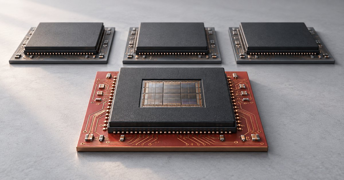Editorial illustration: A large black chip with an exposed central die sits on a red circuit board in the foreground, with three black chips on gray boards behind it.