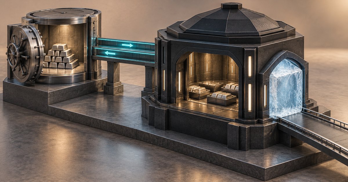 Editorial illustration: A vault containing metal bars connects through glowing two-way arrows to a larger treasury building. A block of ice obstructs the building’s doorway onto an outward bridge.