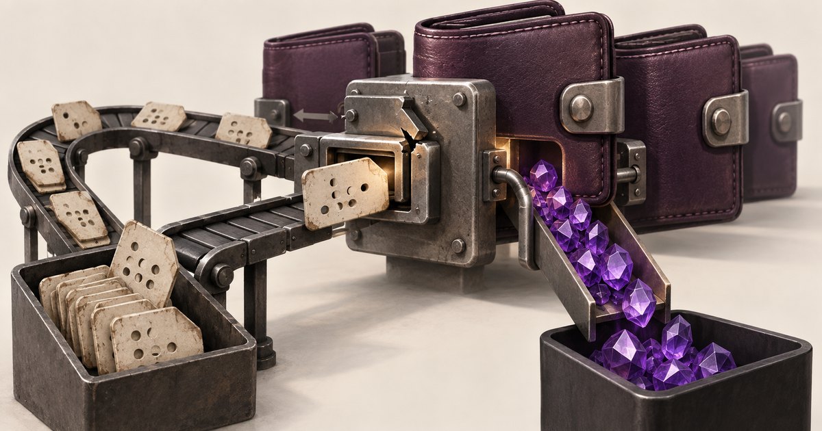 Editorial illustration: Punched cards travel around a looping conveyor into a cracked metal mechanism beside purple wallets. Purple gems spill down a chute into a dark collection bin.