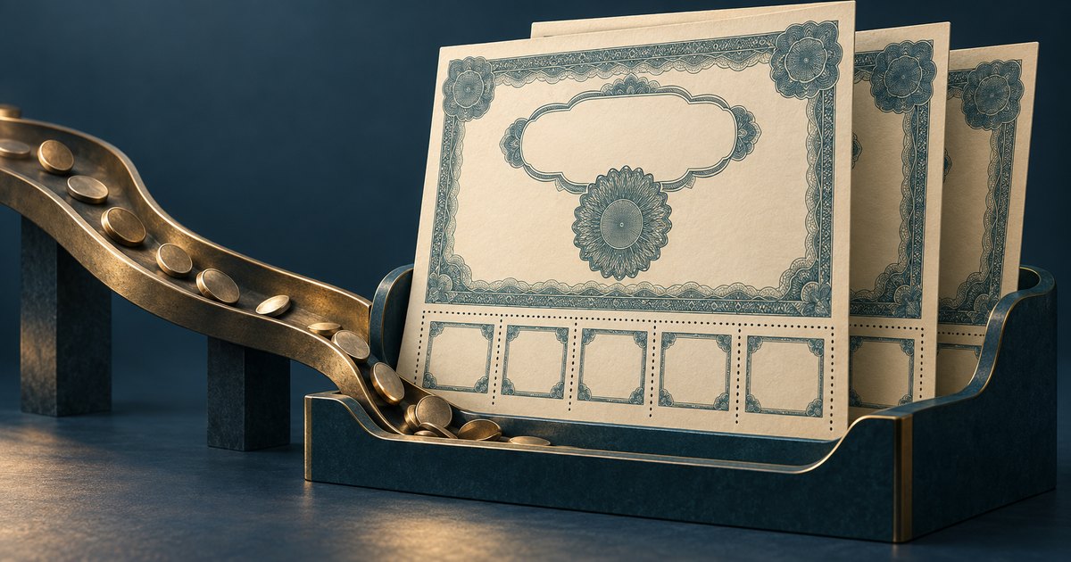 Editorial illustration: Gold-colored coins descend a curved metal chute into a dark holder containing three ornate, blank bond certificates against a deep blue background.