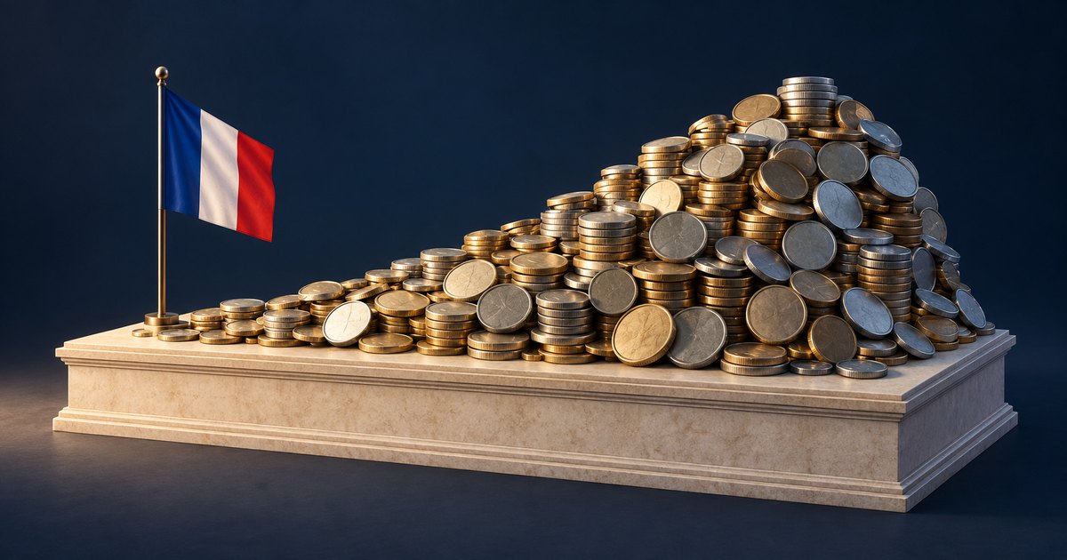 Editorial illustration: A French tricolor flag stands beside gold and silver coins piled progressively higher toward the right on a stone pedestal against a dark blue background.