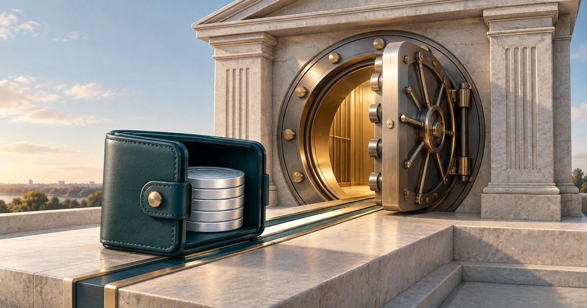 Editorial illustration: A dark teal wallet holding silver coins sits on rails leading toward an open, gold-lit vault in a classical stone bank facade.