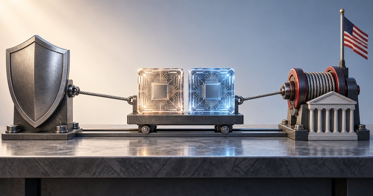 Editorial illustration: Two glowing processor blocks on a wheeled platform are connected by cables to a metal shield on the left and a winch beside a U.S. flag and columned building miniature on the right.