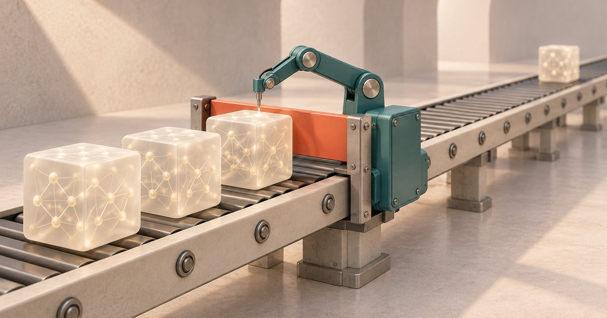 Editorial illustration: Glowing translucent cubes containing connected nodes queue on a metal conveyor at an orange barrier, where a teal robotic arm examines one cube.