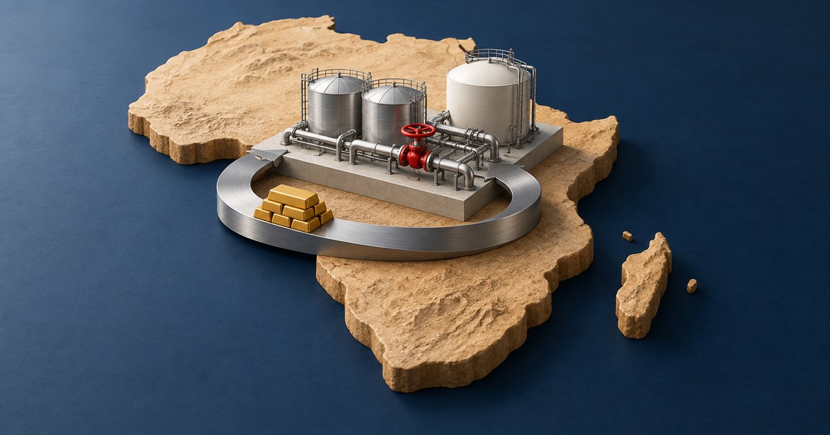 Editorial illustration: Storage tanks, connected pipes and a red valve stand on a sandstone silhouette of Africa, surrounded by a metallic loop with stacked gold bars against a dark blue background.