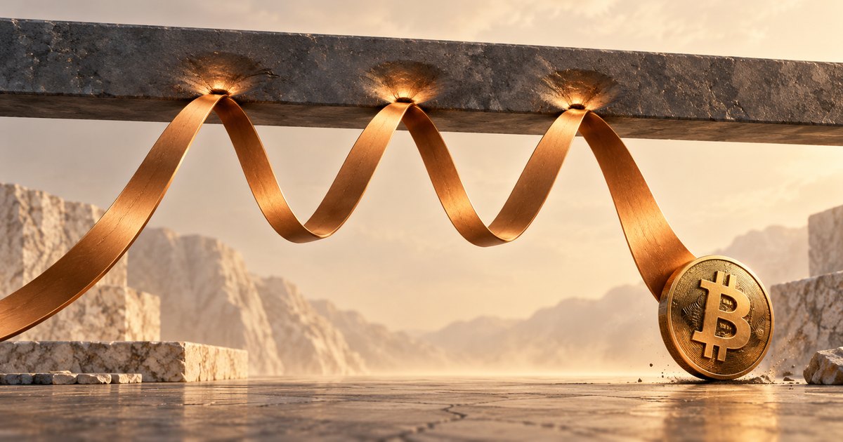Editorial illustration: A gold ribbon rises to touch a stone beam three times, dipping between each peak, then curves downward to a Bitcoin coin resting on a stone floor.