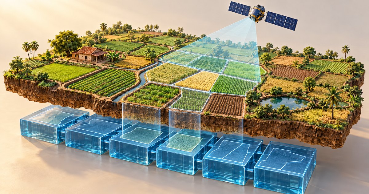 Editorial illustration: A satellite scans a floating landscape of cultivated fields, a farmhouse, palms and a pond, with outlined plots extending down into linked blue glasslike blocks.