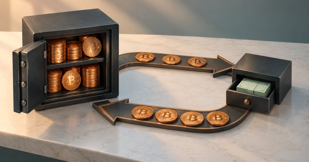 Editorial illustration: An open metal safe holds stacks of Bitcoin coins beside a drawer containing bundled banknotes. Two opposing curved arrows carrying Bitcoin coins connect the containers.