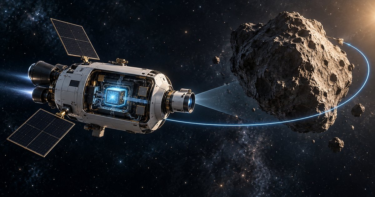 Editorial illustration: A solar-powered spacecraft with a glowing processor projects a blue beam toward a large rocky asteroid. A luminous blue path curves around the asteroid against a star-filled background.
