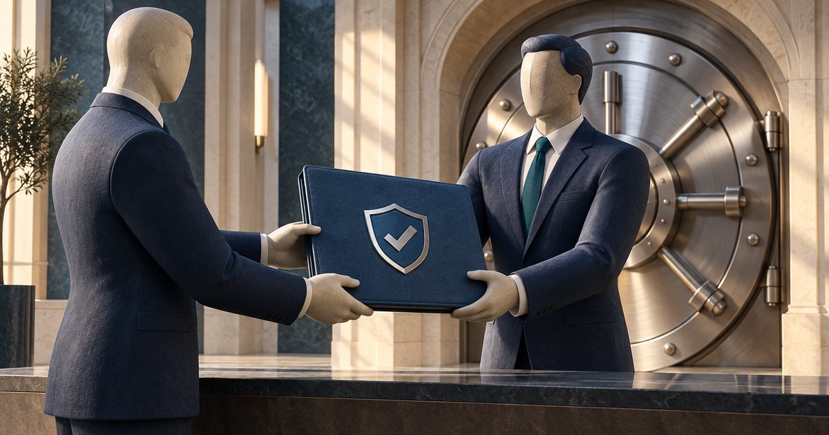 Editorial illustration: Two faceless figures in dark suits hold a navy folder bearing a shield and checkmark across a marble counter, with a circular bank vault door behind them.
