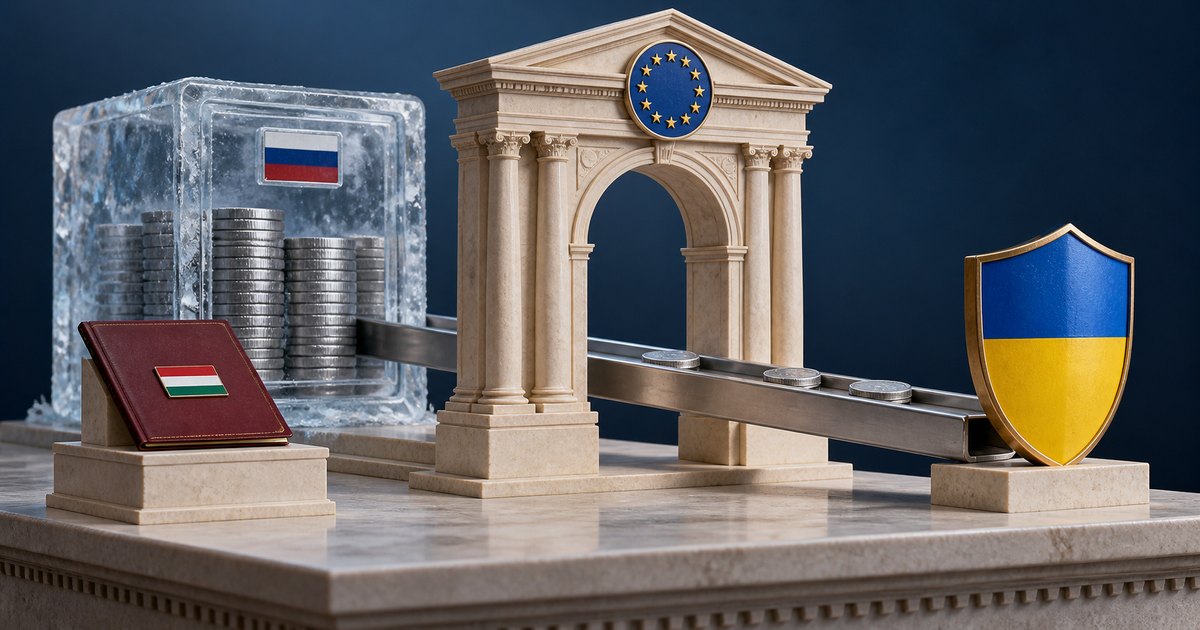 Editorial illustration: Coins emerge from an ice-encased vault bearing a Russian flag and travel through a stone arch with an EU emblem toward a blue-and-yellow shield. A burgundy folder bearing Hungary’s flag stands in the foreground.