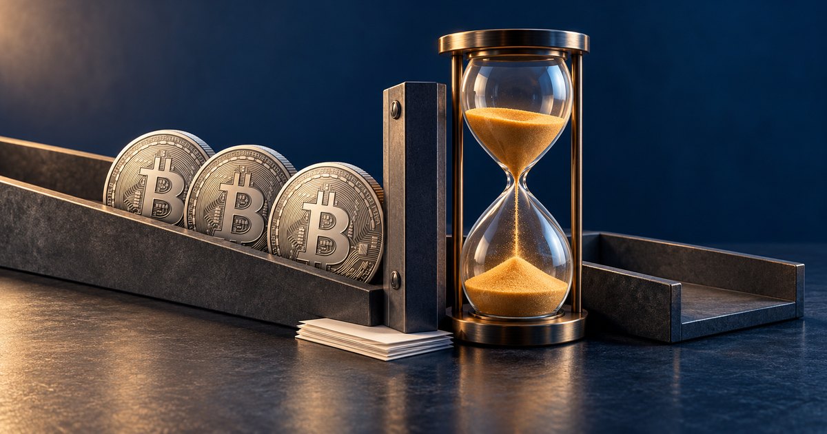 Editorial illustration: Three Bitcoin coins sit behind a metal barrier beside a gold-sand hourglass, a small stack of papers and an empty tray.