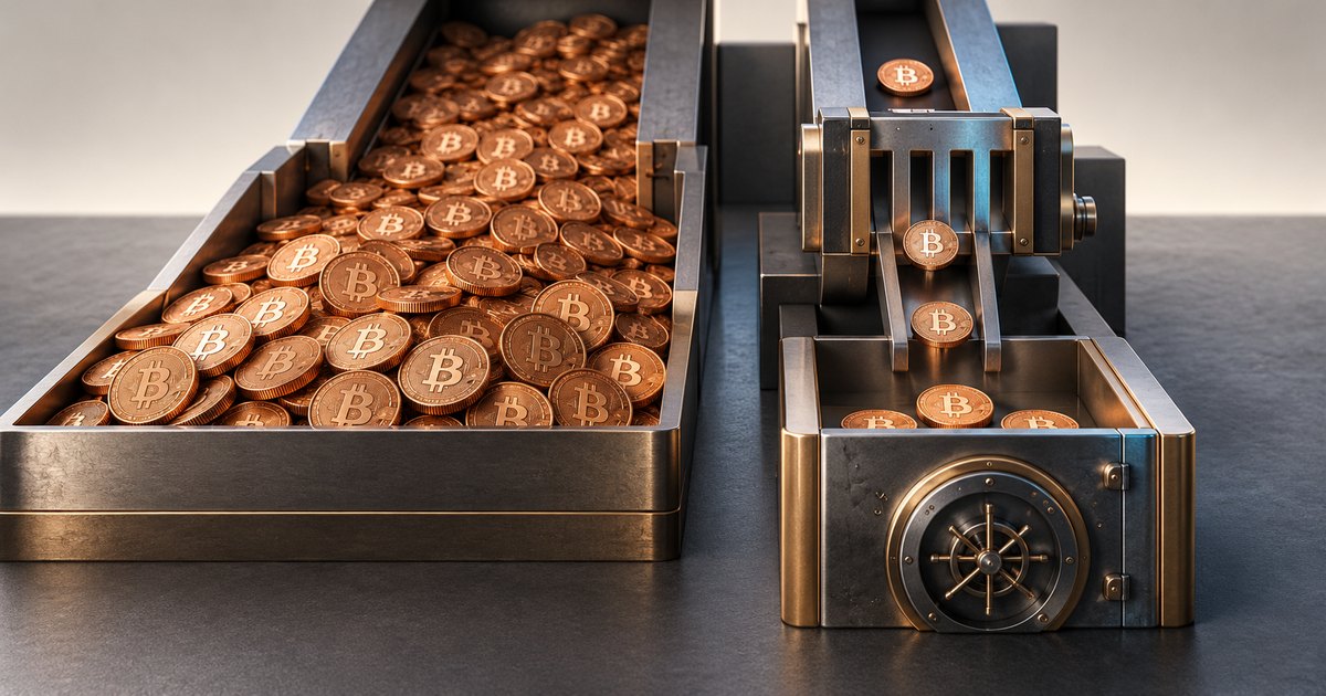 Editorial illustration: A broad conveyor crowded with copper Bitcoin coins sits beside a narrow mechanical gate delivering individual coins into an open vault.