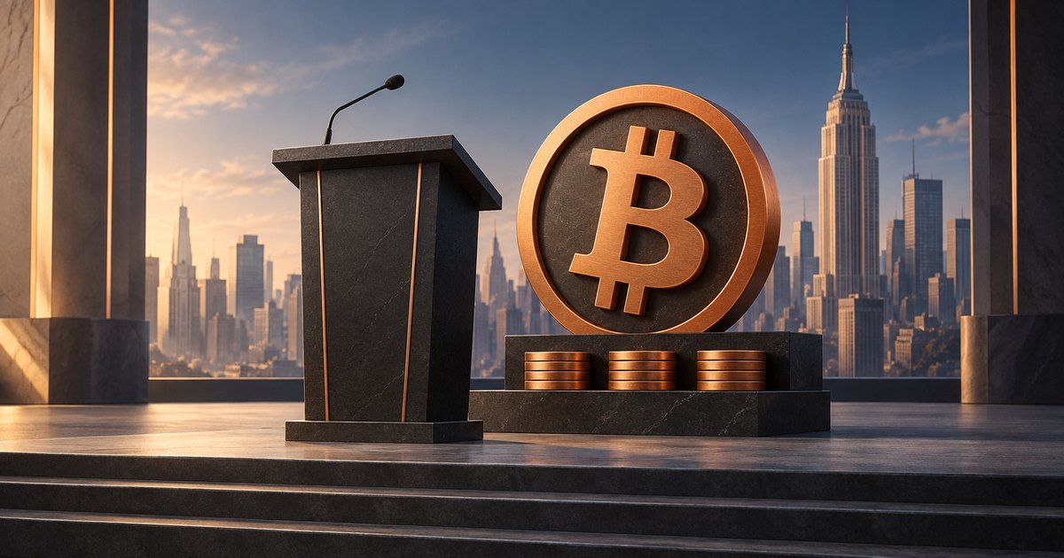 Editorial illustration: A dark stone lectern with a microphone stands beside a large bronze Bitcoin emblem and three stacks of coins, with the New York skyline glowing behind them.