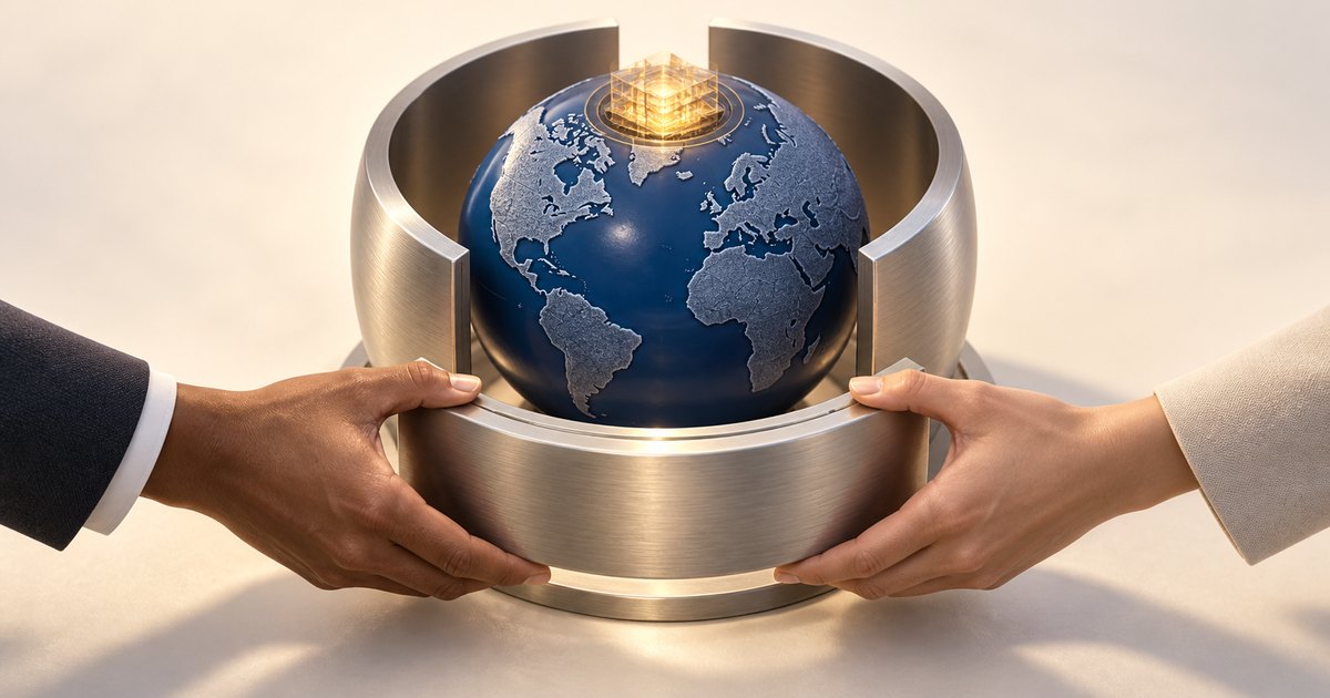 Editorial illustration: Two hands hold a curved metal barrier around a blue globe, with a glowing golden lattice cube above its northern hemisphere.