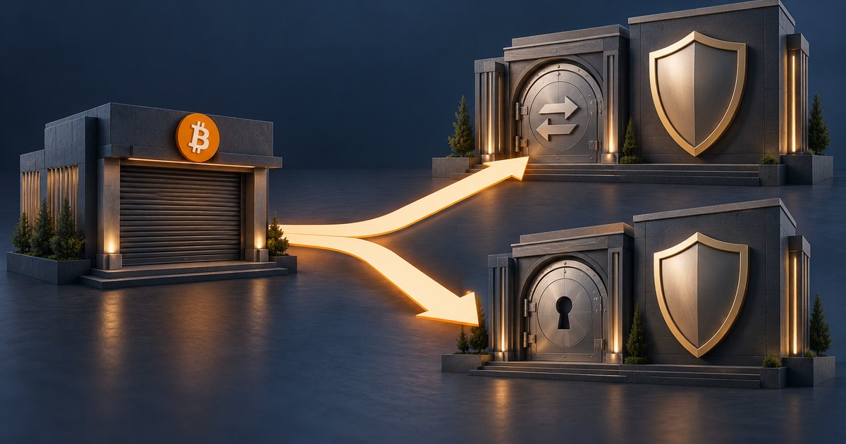 Editorial illustration: Glowing arrows branch from a closed building bearing a Bitcoin symbol toward two vault buildings with large shields. One vault displays opposing arrows; the other has a keyhole.