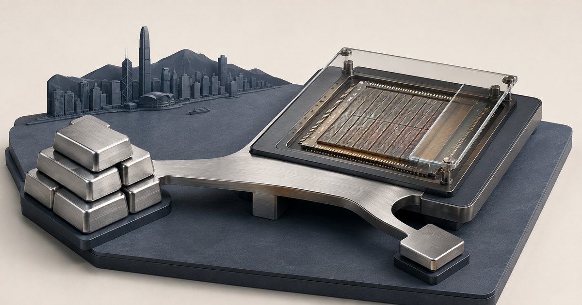 Editorial illustration: Silver-colored ingots connect by a broad metal bridge to a semiconductor chip beneath a transparent cover, with a miniature Hong Kong skyline in the background.