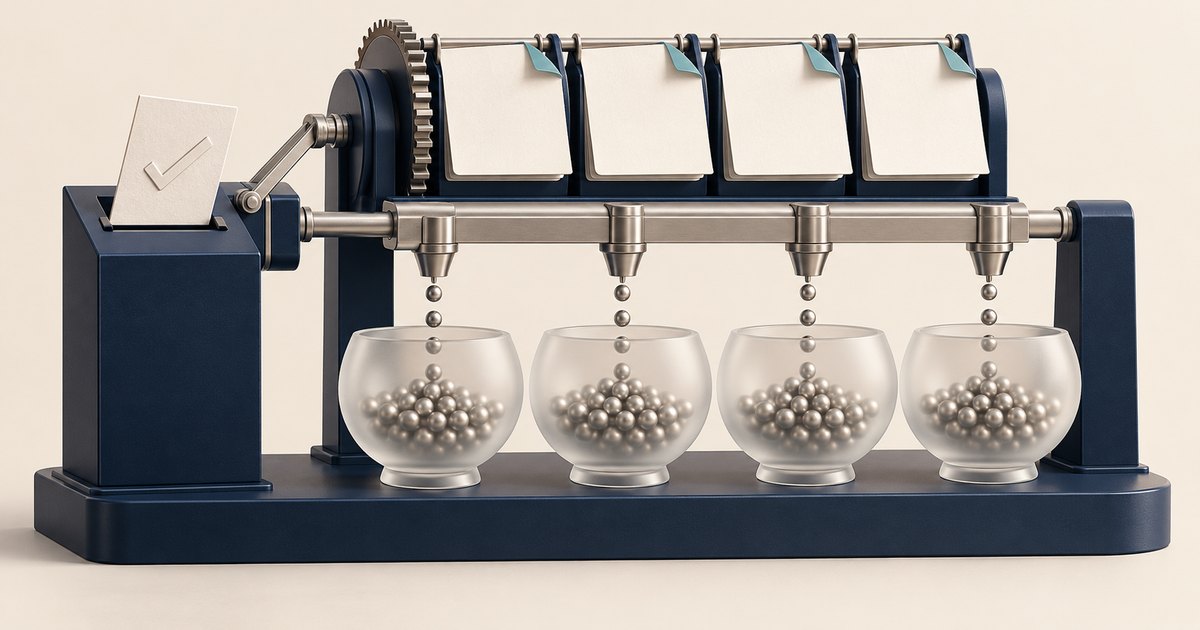 Editorial illustration: A navy mechanical apparatus connects a checked ballot to four blank hanging pads and four spouts dispensing silver beads into glass bowls.