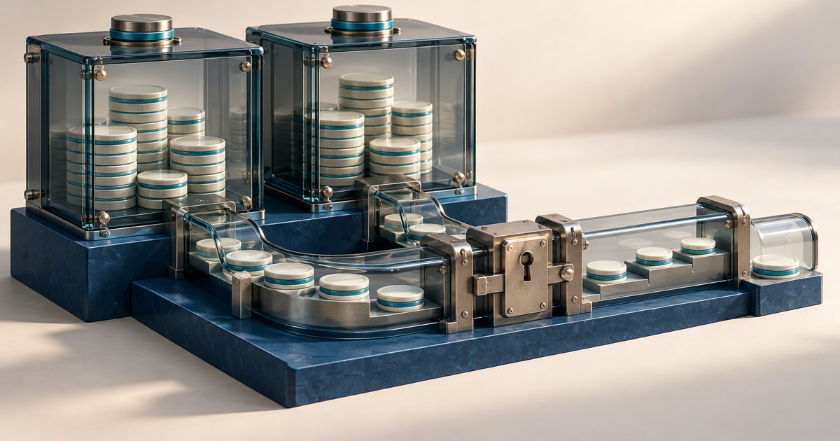 Editorial illustration: Two glass vaults containing stacks of cream and teal discs feed a transparent track with a metal lock controlling passage.