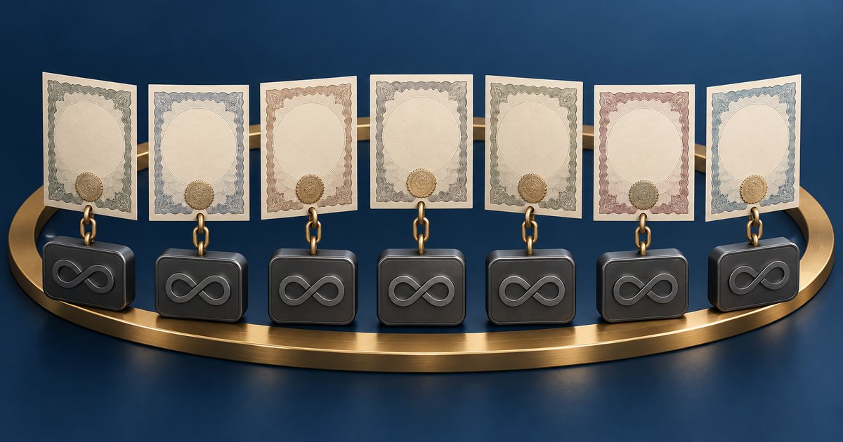 Editorial illustration: Seven ornate blank certificates, each linked by a short gold chain to a dark block bearing an infinity symbol, arranged around a gold oval loop against a navy background.