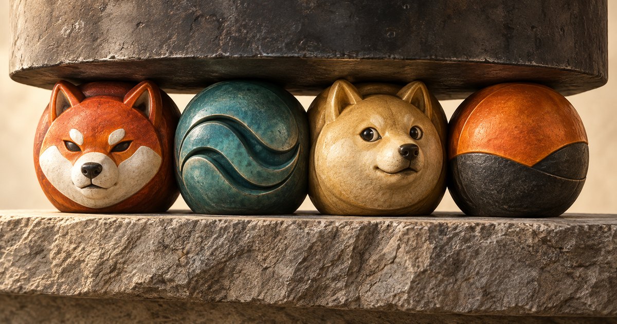 Editorial illustration: Four rounded tokens, featuring a red Shiba Inu face, teal waves, a golden dog face, and an orange-and-black design, are wedged between a heavy upper slab and a stone base.