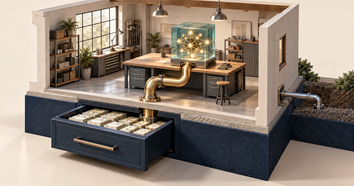 Editorial illustration: A cutaway workshop contains a glowing network inside a glass cube, connected by a gold pipe to an open drawer filled with bundles of cash beneath the floor.