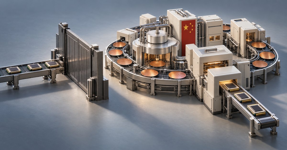 Editorial illustration: A metal barrier separates a conveyor carrying microchips from a factory marked with a Chinese flag, where copper-colored wafers circulate through machinery and finished chips emerge.