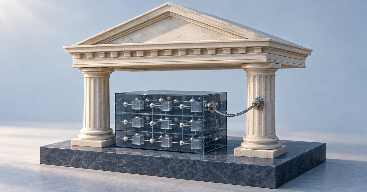 Editorial illustration: A glass block containing interconnected metallic cubes sits beneath a stone banking portico, attached to its right column by a steel cable.