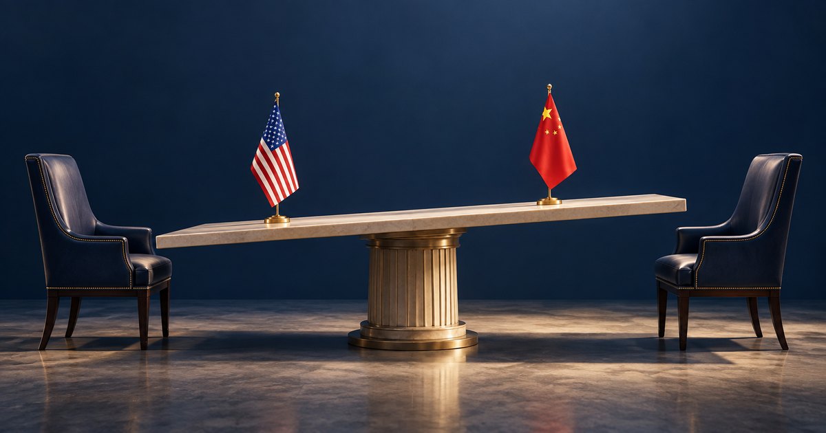 Editorial illustration: US and Chinese desk flags stand on a tilted stone table with a gold pedestal between two empty navy armchairs against a dark blue background.