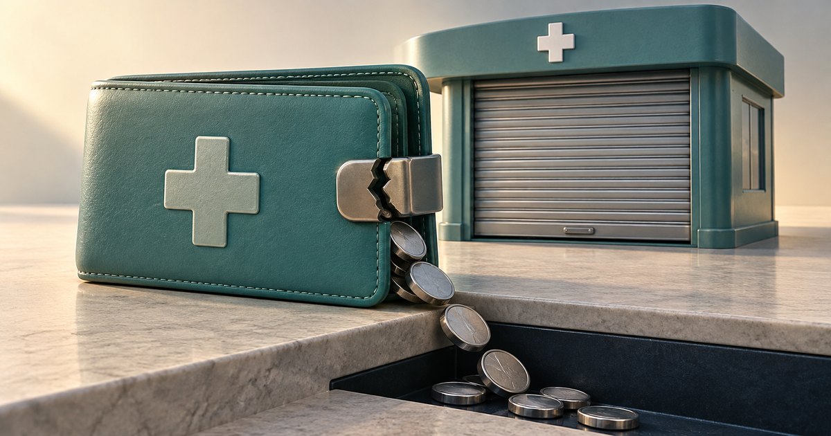 Editorial illustration: A teal wallet bearing a medical cross has a broken clasp and spills silver coins into a dark recess. A matching medical kiosk stands behind it with its shutter closed.
