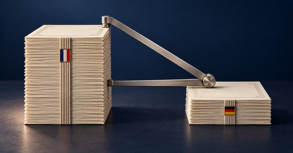Editorial illustration: A tall stack of cream papers bearing a French flag stands beside a shorter stack bearing a German flag, connected by hinged metal arms against a dark blue background.