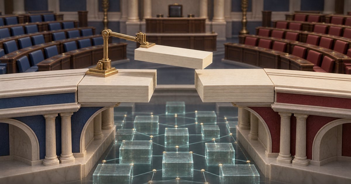 Editorial illustration: A brass crane lifts a pale bridge section toward a gap between blue and red sides of an empty legislative chamber. Translucent blocks connected by glowing lines sit below.