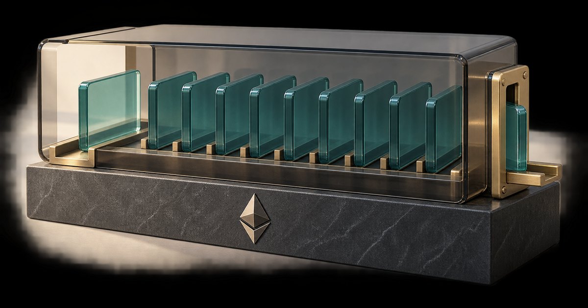 Editorial illustration: Teal glass tiles stand in brass slots inside a transparent enclosure, with one tile extending through a narrow opening at the right. An Ethereum emblem decorates the dark stone base.