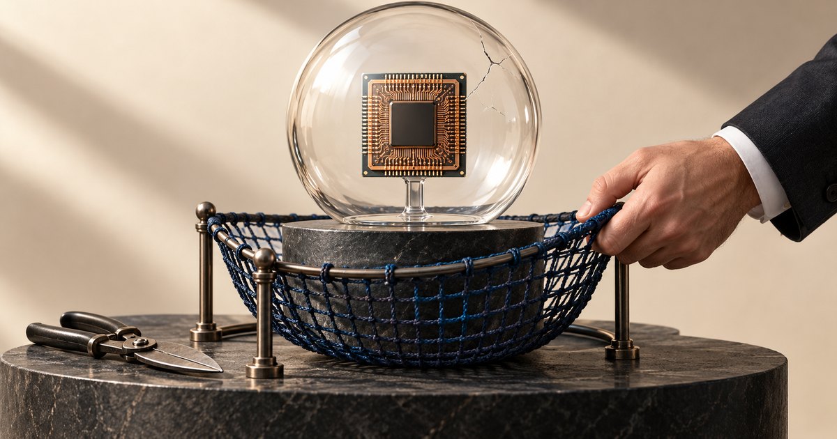 Editorial illustration: A microchip stands inside a cracked glass bubble on a stone pedestal. A suited hand pulls a dark blue safety net around the pedestal, with metal shears resting nearby.