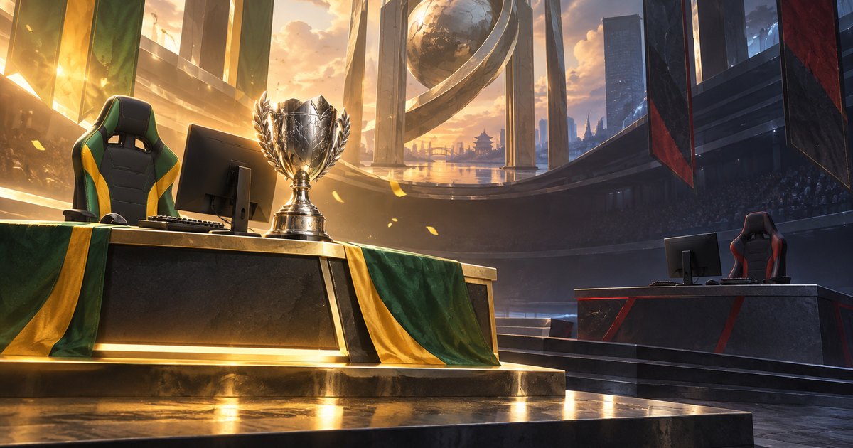 Editorial illustration: A silver trophy stands beside a green-and-yellow gaming chair and monitor on a raised, sunlit platform. A smaller red-and-black gaming station sits in shadow across a grand arena.