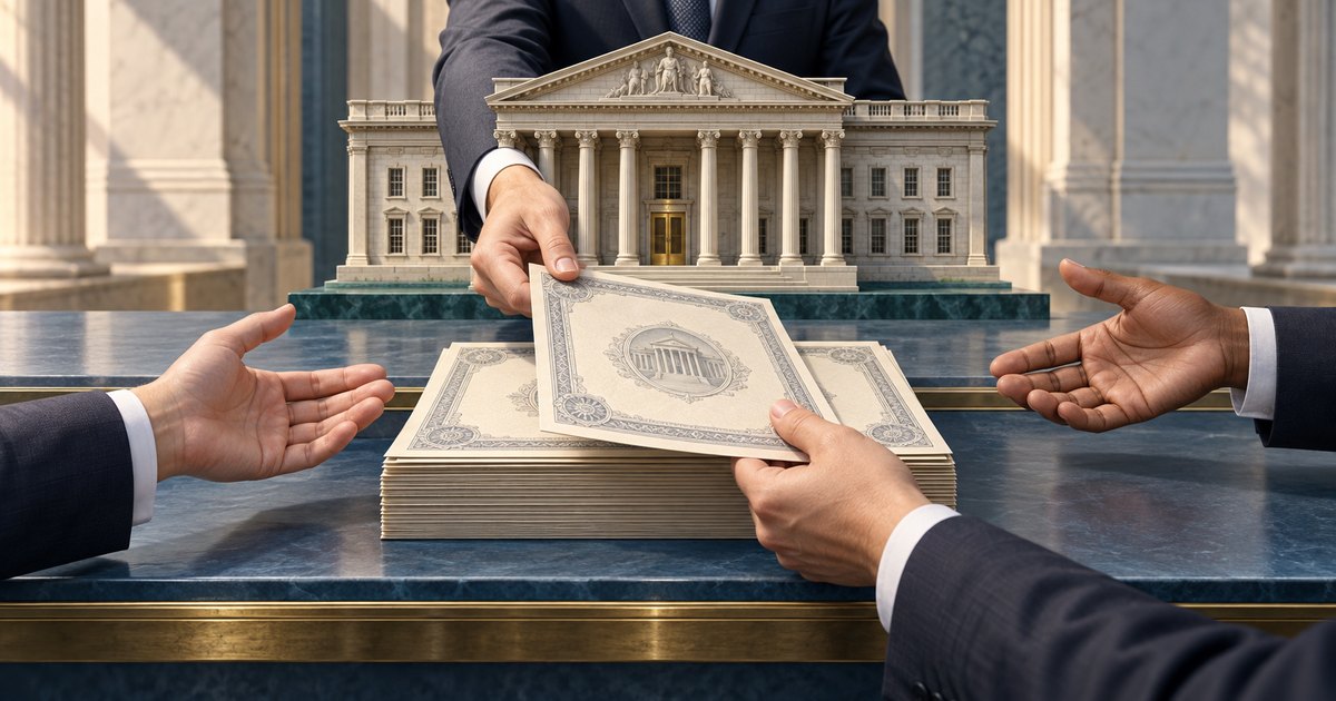 Editorial illustration: Suited figures reach toward a stack of ornate, unlettered certificates as one certificate is exchanged across a marble counter beneath a miniature neoclassical government building.