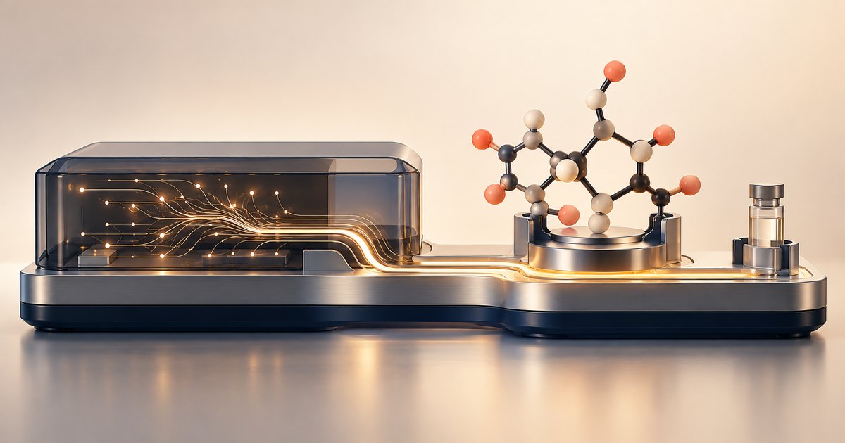 Editorial illustration: Glowing branching pathways inside a transparent enclosure connect across a metallic platform to a ball-and-stick molecular model and a small laboratory vial.