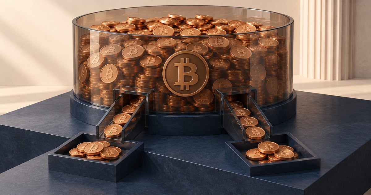 Editorial illustration: A transparent cylindrical container filled with copper-colored Bitcoin coins feeds two outward-sloping chutes into separate collection trays on a dark platform.