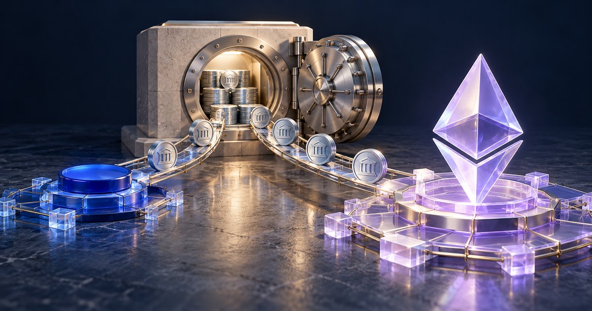 Editorial illustration: Silver coins bearing bank symbols line tracks connecting an open vault, a blue platform, and a glowing purple Ethereum emblem.