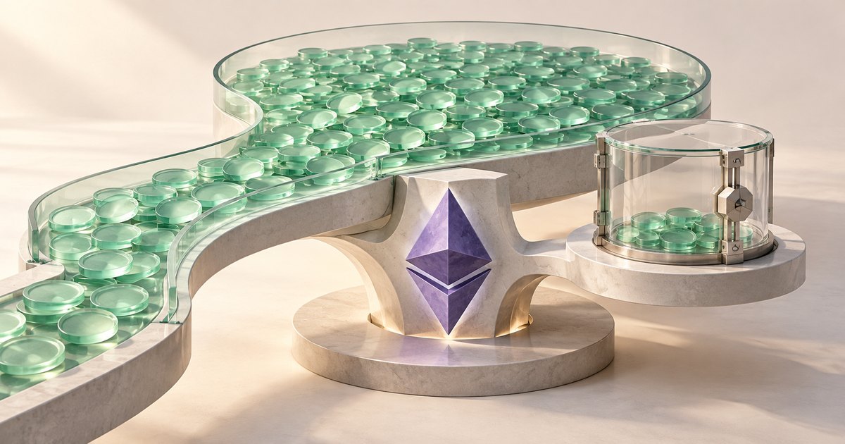 Editorial illustration: Translucent green tokens fill a curved glass-sided channel above a stone structure bearing a purple Ethereum symbol. A smaller locked glass cylinder beside it contains a few tokens.