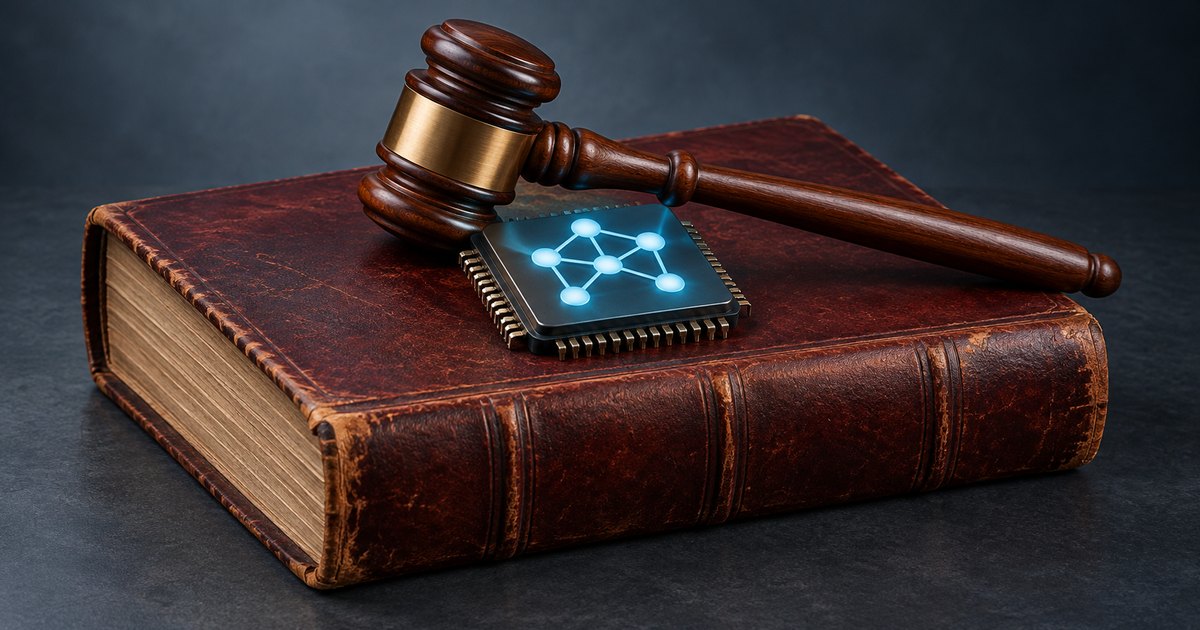 Editorial illustration: A wooden gavel with a brass band rests across a worn leather-bound book beside a microchip displaying a glowing blue network symbol.