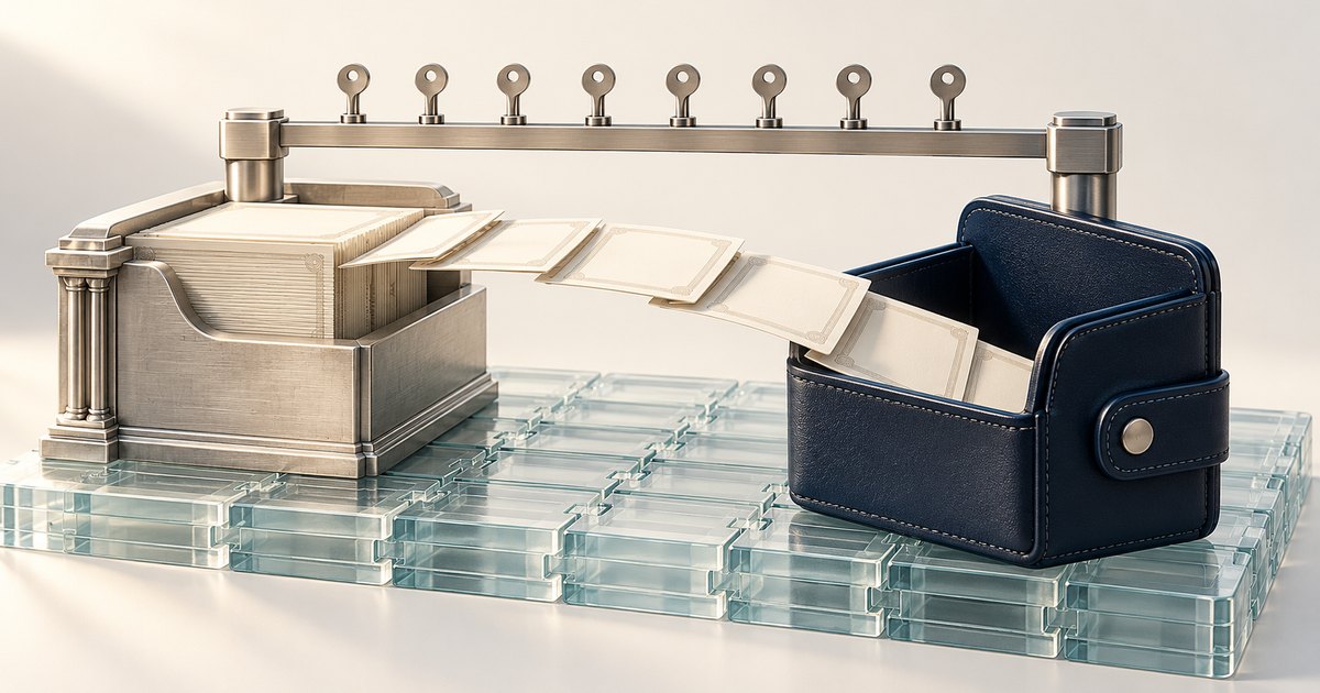 Editorial illustration: Blank certificates flow from a metal holder into one open navy wallet on a platform of glass blocks, beneath a metal bar bearing eight keys.